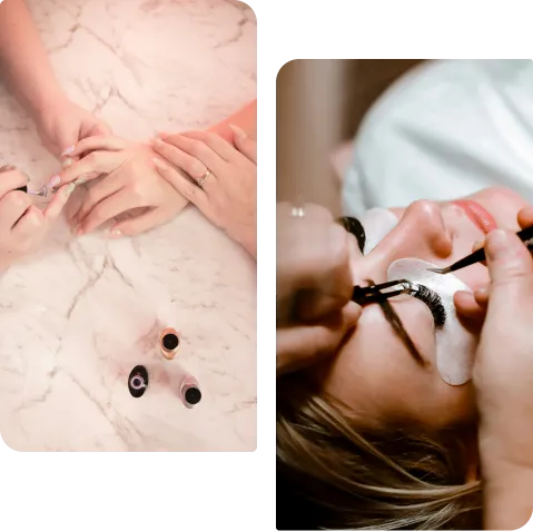Applying nail polish photo by Jesse Donoghoe; Eyelash extension photo by Hayley Kim Studios